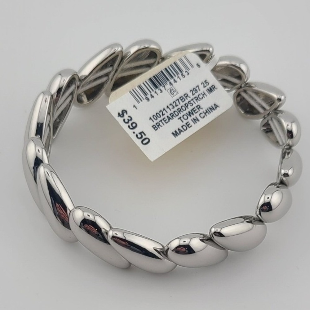 On 34th Tower Silver Tone Teardrop Link Stretch Bracelet New
